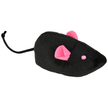 Schwarzes Plüsch-Katzenspielzeug in Form einer Maus mit rosa Ohren und Augen sowie einem geknoteten Schwanz, isoliert vor weißem Hintergrund.