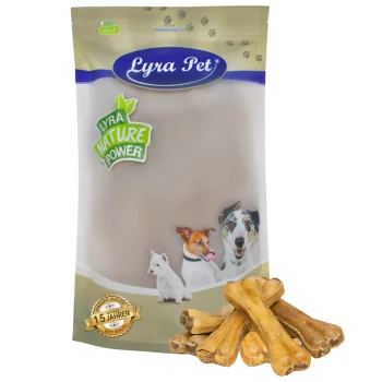 Verpackung von Lyra-Hundeleckerlis mit dem Text "Lyra Nature Power" und Bildern eines Hundes und einer Katze, mit mehreren knochenförmigen Leckerlis davor.
