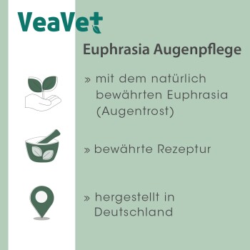 Euphrasia Augenpflegeprodukt von veaVet, mit natürlichen Inhaltsstoffen, mit Text, der seine Wirksamkeit und deutsche Herkunft hervorhebt.