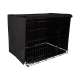 Schwarze Metall-Haustierbox mit abnehmbarem Bezug, ausgestattet mit einem sicheren Riegel und einer Kunststoffunterlage.