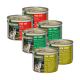 Dosen mit Hundefutter, beschriftet mit "Pure Beef", "Deep Forest" und "True Country", mit 95% Fleischanteil und Bildern von Wölfen.
