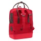 Roter Haustiertrage-Rucksack mit braunen Akzenten, mit verstellbaren Riemen und einem oberen Griff für einfaches Tragen.