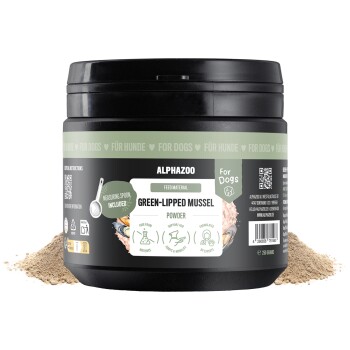 ALPHAZOO Care Grünlippmuschel-Pulver für Hunde und Katzen, fördert die Gelenkgesundheit und enthält Omega 3, in einer braunen Tüte präsentiert.