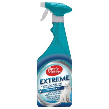 Butelka sprayu Simple Solution Extreme do usuwania plam i zapachów od kotów, z grafiką białego kota, o pojemności 750ml, z etykietą '3X Pro-Bacteria'.