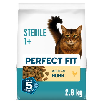 Perfect Fit Katzenfutterbeutel mit brauner Katze, 'Sterile 1+', 'Reich an Huhn', Total-5-Formel, 2,8 kg.