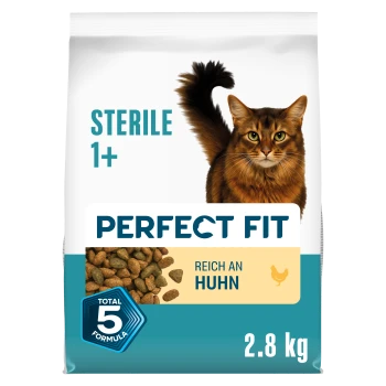 Perfect Fit Katzenfutterbeutel mit brauner Katze, 'Sterile 1+', 'Reich an Huhn', Total-5-Formel, 2,8 kg.