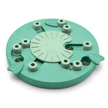 Interaktives Haustier-Puzzle-Futterspender im kreisförmigen, türkisfarbenen Design mit mehreren Leckerli-Fächern und blattförmigen Akzenten.