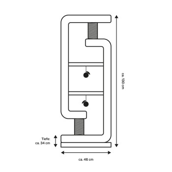 Illustration eines Katzenbaum-Designs mit Abmessungen: Höhe 130 cm, Tiefe 34 cm, Breite 46 cm, mit zwei hängenden Spielzeugen.