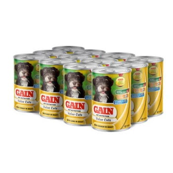 Cans of GAIN pet food featuring a dog on the label, with varieties including turkey, beef, lamb, and chicken in gravy.