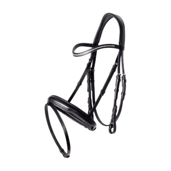 Schwarzes Lederpferdegeschirr mit einem dekorativen Kristallstreifen, mit mehreren Riemen und Schnallen zur Anpassung.