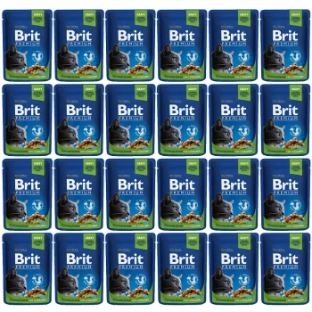 24 saszetki karmy dla kotów Brit Premium na niebieskim tle, z szarym kotem i tekstem: "Kawałki kurczaka dla sterylizowanych kotów, sos."