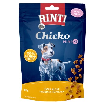 Rinti Chicko Mini XS Hundeleckerlis Verpackung mit einer kleinen Hundillustration und dem Text "Extra Kleine Trainings-Häppchen" und "Mit 100% Huhn-Filet."