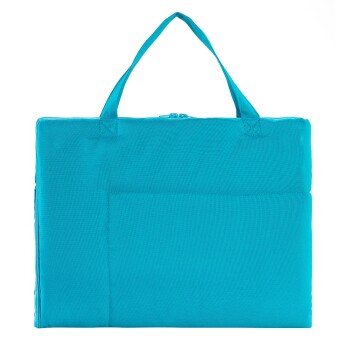 Eine leuchtend türkisfarbene Haustiertragetasche mit Reißverschluss und einer Fronttasche, ausgestattet mit zwei stabilen Griffen für einfachen Transport.