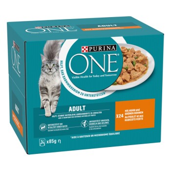 Purina ONE Katzenfutterbox für Erwachsene, mit einer grauen Katze, unterstützt natürliche Abwehrkräfte und Gelenkgesundheit, mit 24 x 85g Portionen.