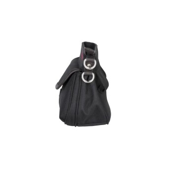 Schwarze Tragetasche für Haustiere mit strukturiertem Design, mit einem oberen Griff und Metallringen zur Befestigung.