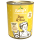 Gelbe Dose Hundefutter mit der Aufschrift "Betty's Landhausküche Pute & Reis," mit Grafiken von Koch und Hund, die "EXTRA VIEL FLEISCH" und getreidefrei betonen.