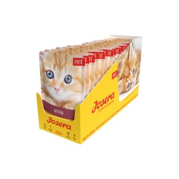 Darstellung der Verpackung von Josera Kätzchen-Pâté mit einem niedlichen orangefarbenen Kätzchen auf der Vorderseite, mit dem Text "KITTEN" und gelbem Boxdesign.