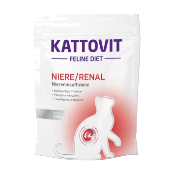 Kattovit Feline Diet Renal Futterverpackung, 1250g, mit einer Katzensilhouette und Text über hochwertige Proteine und niedrigem Phosphor.