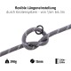 Grau verstellbare Haustierleine mit Knotensystem, ausgestattet mit einer Schlaufe und einem Metallring, gekennzeichnet für Längen von 1,5 m bis 3 m.