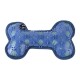 Blue rubber and fabric dog bone chew toy with textured surface and a small black tag.