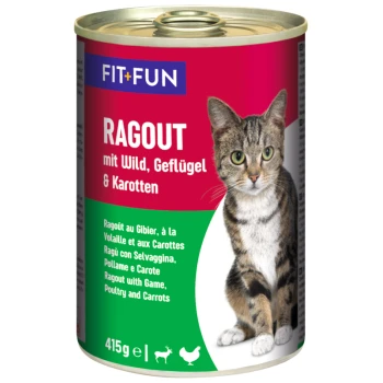 Ragout Wild, Geflügel und Karotten 12x415 g Hundevonfutterdose mit einer grauen getigerten Katze auf dem Etikett, mit Text, der 'RAGOUT mit Wild, Geflügel & Karotten' und '415g e' angibt.