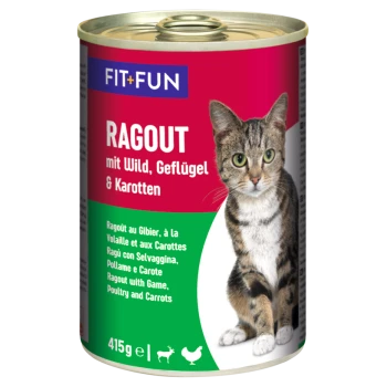 Hundevonfutterdose mit einer grauen getigerten Katze auf dem Etikett, mit Text, der 'RAGOUT mit Wild, Geflügel & Karotten' und '415g e' angibt.