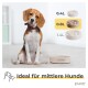 Ein Beagle sitzt vor drei Fressnäpfen, die mit 0,4L, 0,8L und 1,4L beschriftet sind, mit dem Text "Ideal für mittlere Hunde" am unteren Rand.