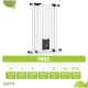 Haustiersicherheitsgitter namens "MIRA" angezeigt mit Größenoptionen von XS (73-83 cm) bis XXXL (133-143 cm) unten.