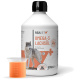 Flasche REAVET Omega-3 Lachsöl für Hunde, mit einem Husky auf dem Etikett, neben einer Messbecher mit orangefarbener Flüssigkeit.