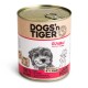 Dosen-Hundefutter beschriftet mit 'DOGS'n TIGER GUADN! Rind mit Kürbis', mit einem lächelnden Hund auf der Vorderseite, 67% Rindfleisch, 100% natürlich.