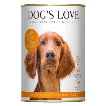 Dosenhundefutter mit der Aufschrift 'DOG'S LOVE', das Truthahn als Hauptzutat enthält, mit hinzugefügtem Apfel, Zucchini und Walnussöl.