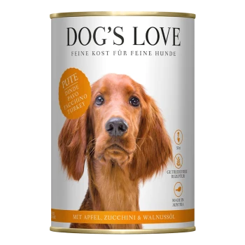 Dosenhundefutter mit der Aufschrift 'DOG'S LOVE', das Truthahn als Hauptzutat enthält, mit hinzugefügtem Apfel, Zucchini und Walnussöl.