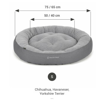 Graues rundes Haustierbett mit gepolstertem Design, Maße beschriftet mit 75/65 cm und 50/40 cm, geeignet für kleine Rassen wie Chihuahua und Yorkshire Terrier.