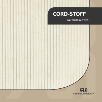 Texturiertes cremefarbenes Kordstoff mit dem Etikett "CORD-STOFF" und den Worten "wärmend & weich" in einem schwarzen Feld.