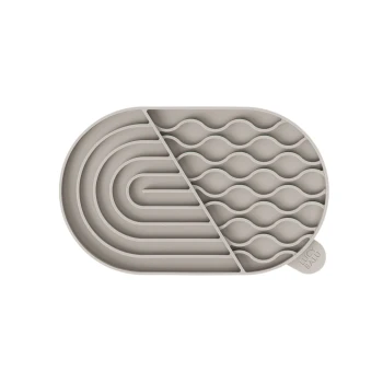 Graue Silikon-Futtermatte für Haustiere mit verschiedenen strukturierten Mustern zur Futterplatzierung, mit dem Markennamen "LUCY BALU" an der Seite.