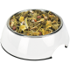 White pet bowl filled with mixed small-animal food: hay, green pellets, dried orange vegetable pieces and seeds.