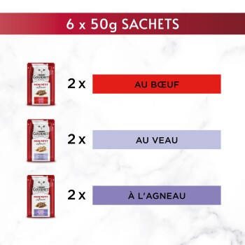 6 x 50g zakjes: Gourmet kattenvoer - 2x AU BŒUF, 2x AU VEAU, 2x À L'AGNEAU, afbeeldingen van verpakkingen