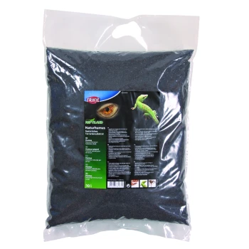 Schwarzes Terrariensubstrat in einer klaren Plastiktüte mit dem Etikett 'Naturhumus' von Trixie, mit einem Gecko und einer Augengrafik, 10L.