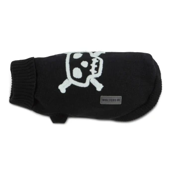 Schwarzer Strick-Hundepullover mit weißem Totenkopf-und-Knochen-Motiv und 'WOLTERS'-Label.