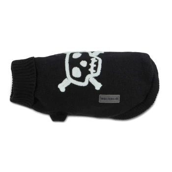 Schwarzer Strick-Hundepullover mit weißem Totenkopf-und-Knochen-Motiv und 'WOLTERS'-Label.
