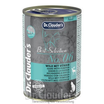 Dosenkatzenfutter von Dr. Clauder's, beschriftet 'Best Selection No. 06,' mit 'Wild mit Kürbis' in mehreren Sprachen.