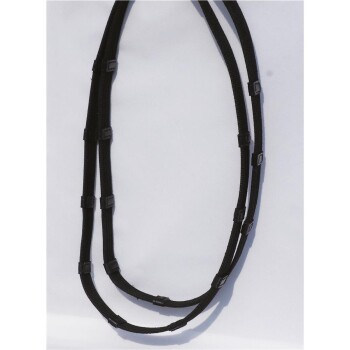 Schwarze Haustierleine mit verstellbaren Abschnitten und Plastikclips, flach auf einem weißen Hintergrund ausgelegt.