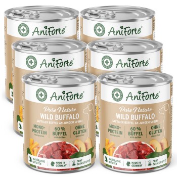 Sechs Dosen AniForte Pure Nature Wild Buffalo Tiernahrung, mit einem Etikett, das "60% Buffalo", "Mono-Protein" und "Glutenfrei" angibt.