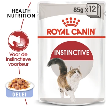 Royal Canin Instinctive kattenvoedselzakje, 85g x 12, met een pluizige kat en een kom met jelly-gebaseerd voedsel, gelabeld "Voor de instinctieve voorkeur."