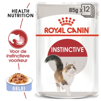 Royal Canin Instinctive kattenvoedselzakje, 85g x 12, met een pluizige kat en een kom met jelly-gebaseerd voedsel, gelabeld "Voor de instinctieve voorkeur."