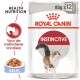 Royal Canin Instinctive kattenvoedselzakje, 85g x 12, met een pluizige kat en een kom met jelly-gebaseerd voedsel, gelabeld "Voor de instinctieve voorkeur."