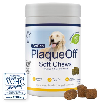 Jar of ProDen PlaqueOff Soft Chews for large/giant dogs, golden retriever image, 100% seaweed label, VOHC accepted badge.