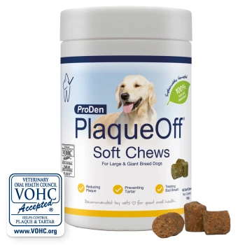 PlaqueOff Soft Chews Dog 60pk Jar of ProDen PlaqueOff Soft Chews for large/giant dogs, golden retriever image, 100% seaweed label, VOHC accepted badge.