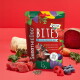 Rote SmoothieDog-BITES-Tüte mit Aufschrift 'Rind' und 'gefriergetrocknet', umgeben von Rindfleisch, Himbeeren, Blaubeeren und Gemüse.