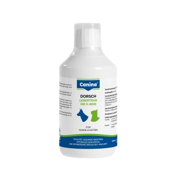 Weiße Flasche Canina 'Dorsch Lebertran 100% rein', Lebertran für Hunde & Katzen, blaue und grüne Hunde-/Katzensilhouetten